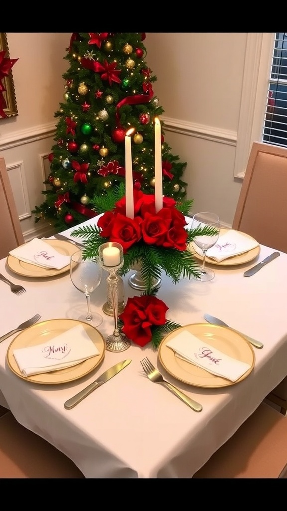 A Christmas table setting for four with elegant dinnerware, festive centerpiece, and warm candlelight.